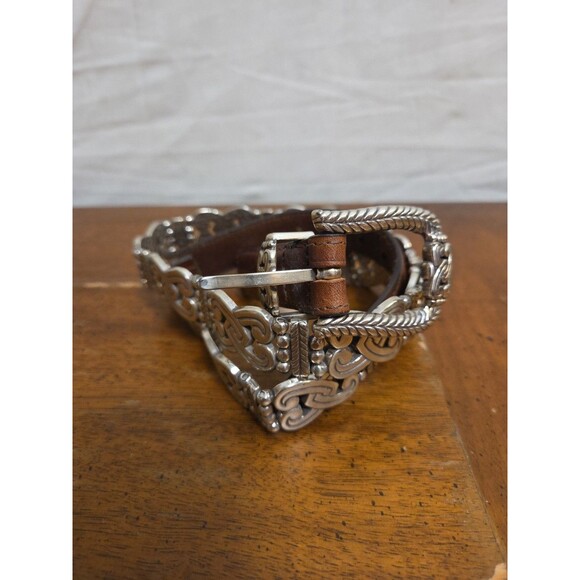 Brighton Accessories - Brighton Silver Metal Hearts & Brown Leather Belt Rare Vintage 1990s Y2K Size XL